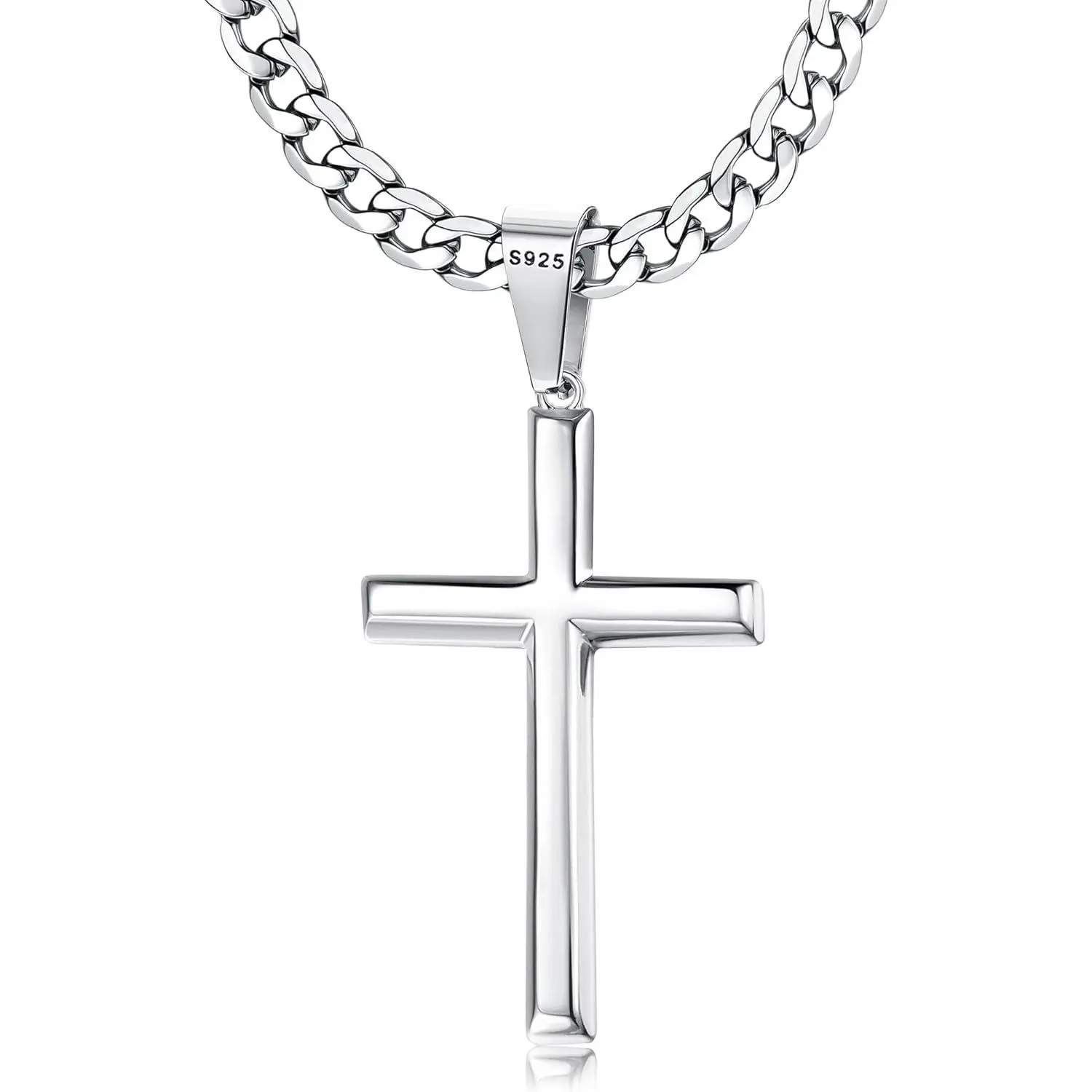 Besteel 925 Sterling Silver Cross Necklace Beveled Edge for Men Women 5mm Steel Non Tarnish Durable Cuban Link Curb Chain Crucifix Pendant Necklace Jewelry 1630 Inches Christian Baptism Gifts