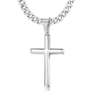 Besteel 925 Sterling Silver Cross Necklace Beveled Edge for Men Women 5mm Steel Non Tarnish Durable Cuban Link Curb Chain Crucifix Pendant Necklace Jewelry 1630 Inches Christian Baptism Gifts