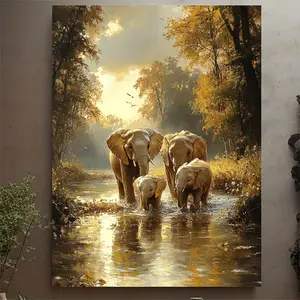 A Canvas Art Print of an Elephant Family with Frame - 3D Wildlife Scene Wall Decoration, High-Quality Wood, Easy to Hang with Hooks, Suitable for Home or Office, Elephant Decoration