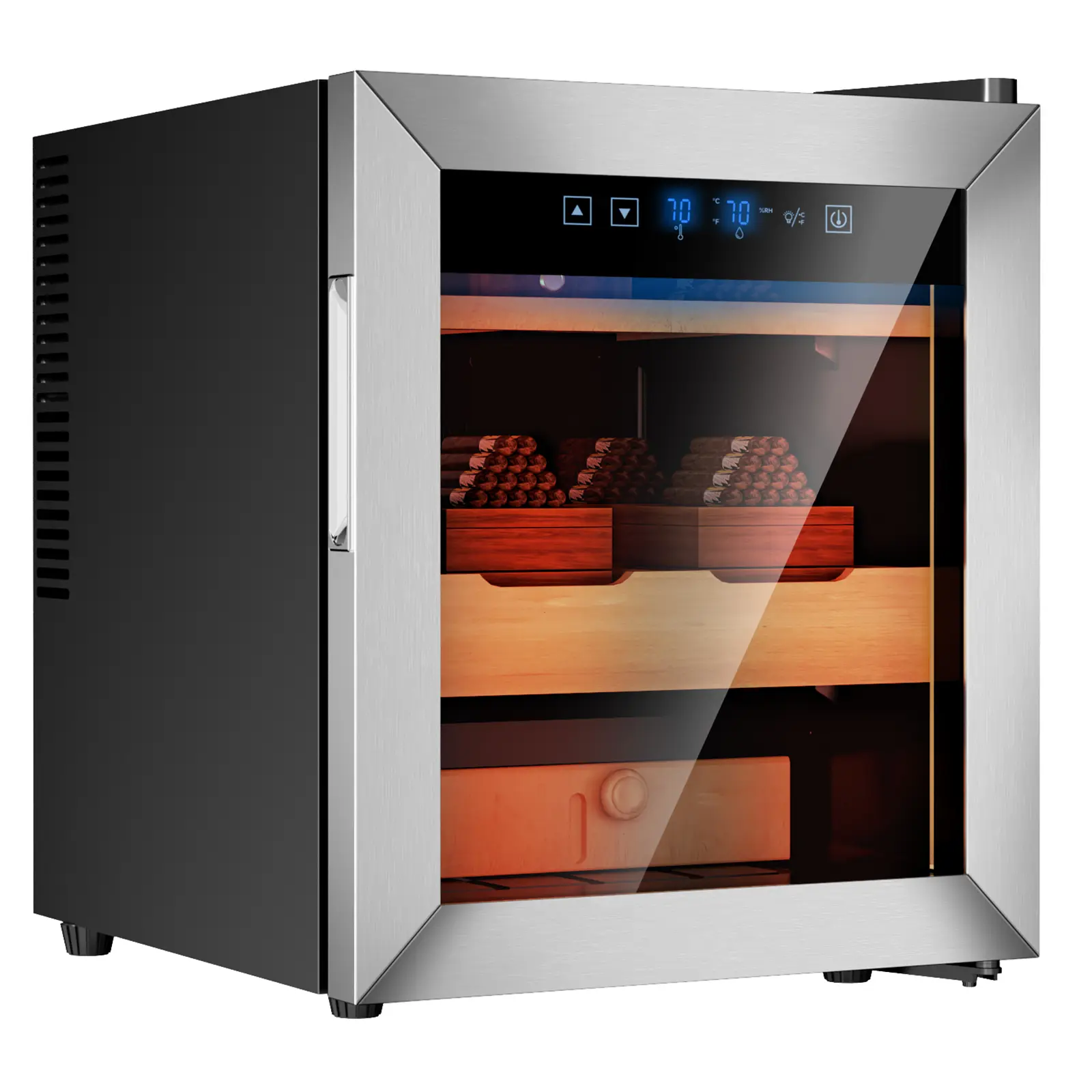KingChii 50L Electric Temp/Humidity Control Humidor Cabinet - 110~240V US Plug Type, 64–72°F Range, Built-in Humidification, Spanish Cedar Shelves, Drawer, Hygrometer, 350-Capacity, 17" W x 18.9" D x 20" H, Modern Design, for Bedroom, Male Gifts, Office