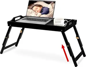 Premium Bamboo Breakfast Bed Tray - Adjustable Height Food Table - Lap Sofa Serving Tray - Portable Snack Platter with Folding Legs - Perfect for Bedroom, Picnic, and More - Black kitchen table