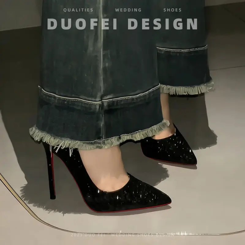 Black Red Bottom High Heels Women's Thin Heels New Sequin Crystal Wedding Shoes Pointed Toe Single Shoes