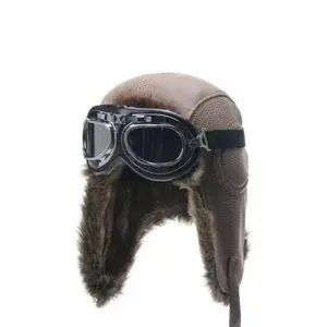 Camel Leather Pilot Hat with Goggles Windproof Ear Protection for Motorcycle Riding and Outdoor Winter Activities