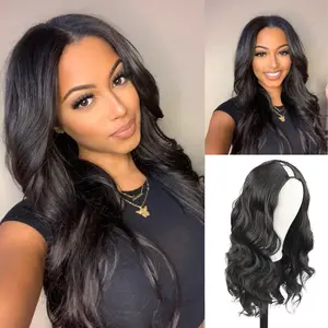 Black V Part Wig 24" Long Body Wave Synthetic U V Part Half Wigs Glueless Upgrade U Part Wig Glueless Full Head Clip in Hair Extensions