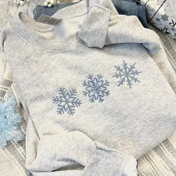Embroidered Snowflakes Sweatshirt, Simple Winter Crewneck, Minimalist Winter Sweater, Cozy Snowflake Crewneck