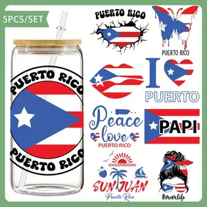 5Pcs/Set Puerto Rico UV DTF Cup Packaging Suitable For 21 Ounce Glass Jars - Colored Self-Adhesive Transfer Paper Glossy Vinyl Sticker DIY Crafts Laptops Notebooks Et