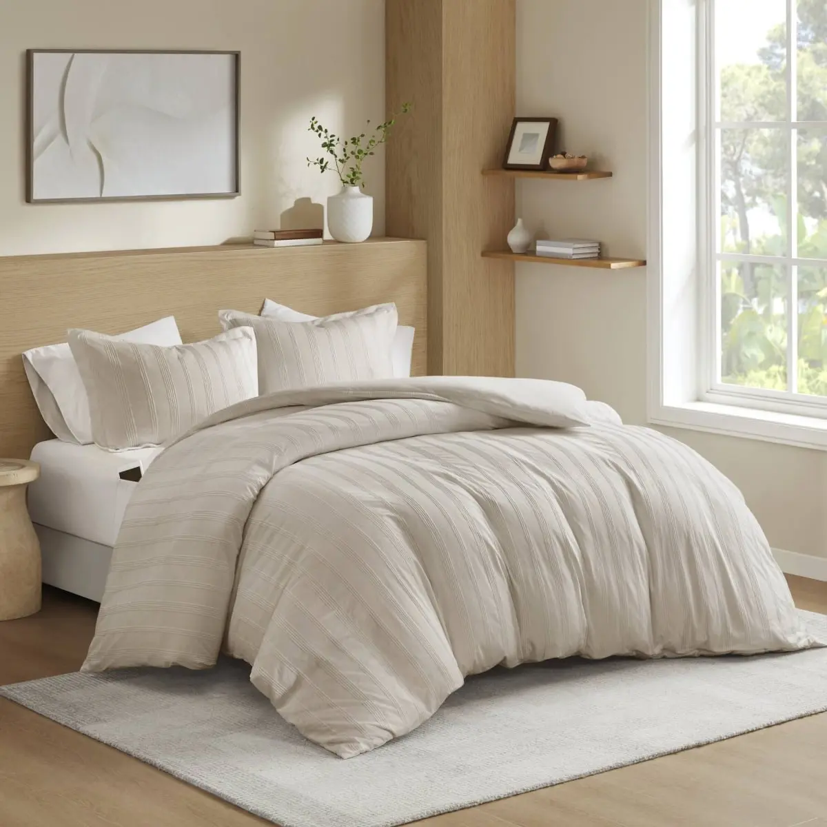 360 Stand AM12-0585 Striped Weave Duvet Set - Neutral, Queen Size, Queen Size Bed Comforter, Minimalist Bedroom Decor, Hidden Zipper Closure, Comforter Queen Size