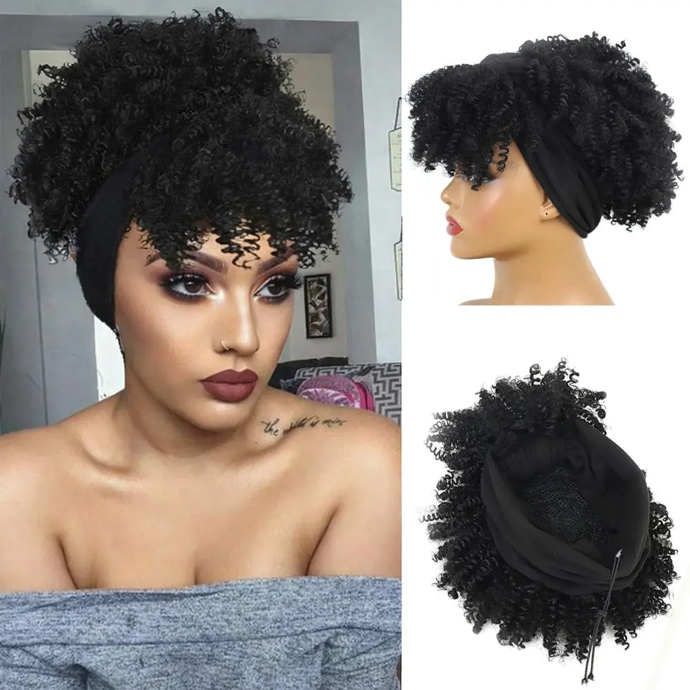 Short Spiral Curl Headscarf Wig - Synthetic Fibre Fluffy African Curls - 8-inch High Curls with Attached Headband Scarf Wig - For Ladies