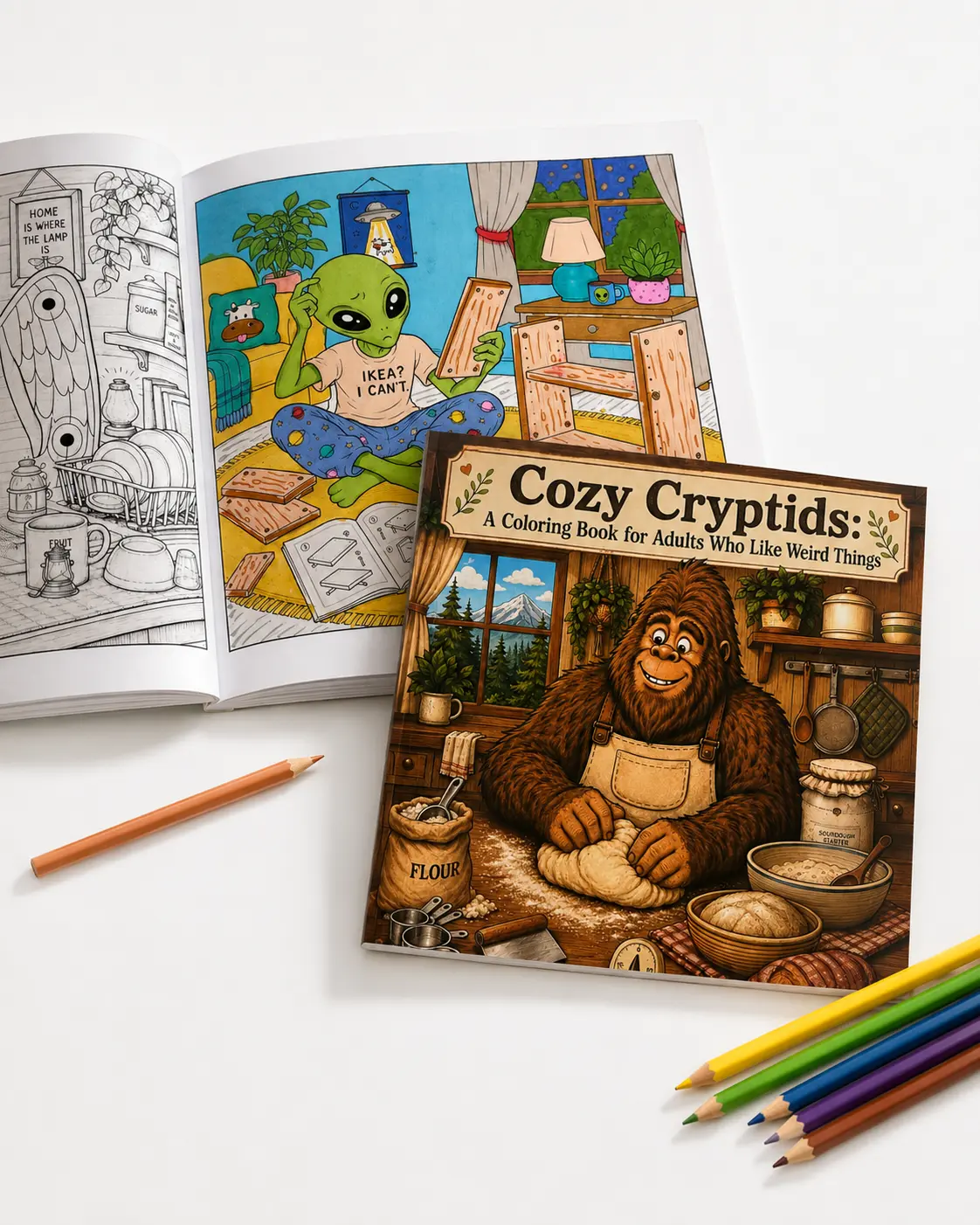 Adult Coloring Book | Cozy Cryptids Adult Coloring Book – Funny Bigfoot, Mothman & Alien Scenes | Weird Gift for Cryptid Lovers