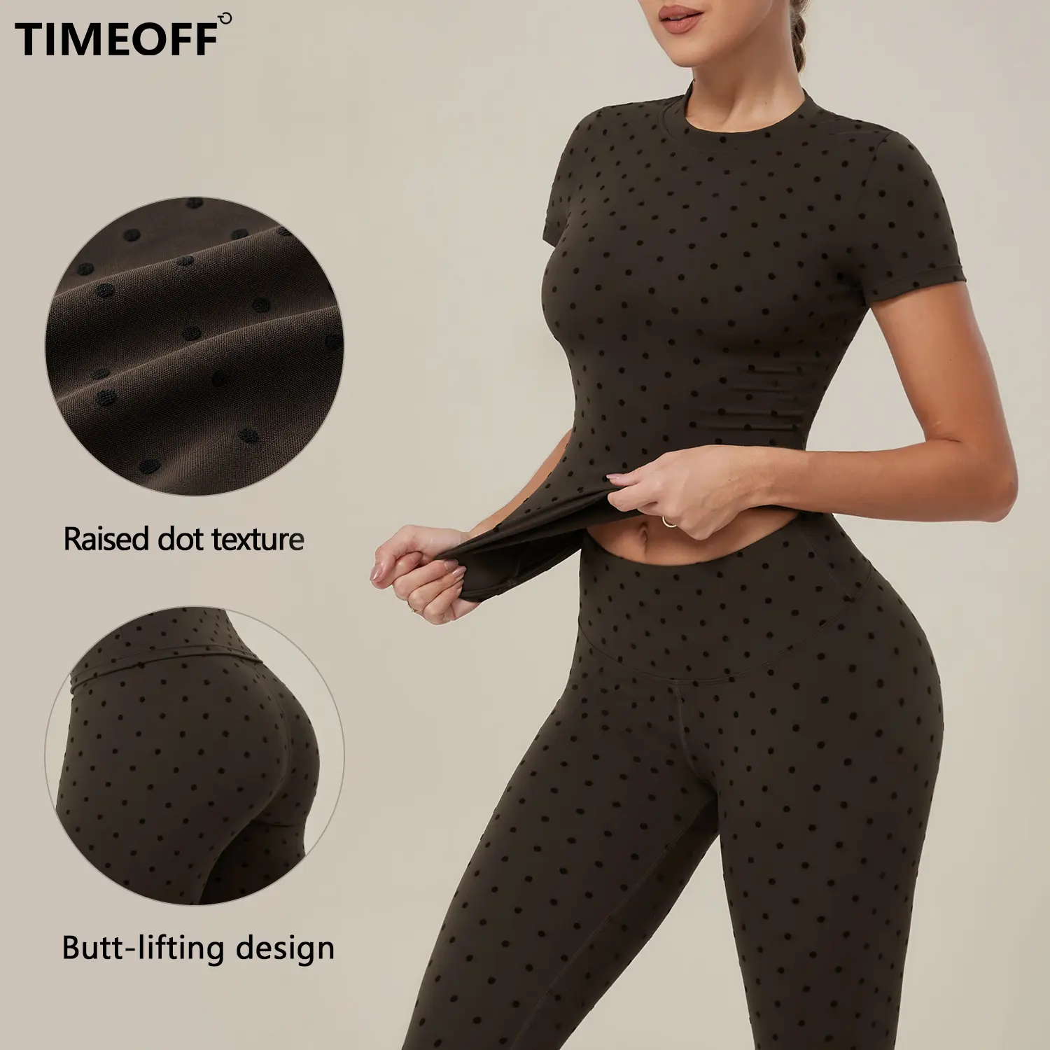 TIMEOFF Women's Polka Dot 2-Piece Set, Short Sleeve Slim Crop Top & High Waist Stretchy Leggings, Bodycon Outfit for Workout & Daily Casual Wear, Polka Dot Outfits, Women's Two Piece Set