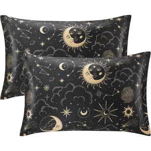 Satin Pillowca for Hair and Skin Queen - Black Printed Silk Pillowca 2 Pack 20x30 inches - Satin Pillow Cas t of 2 with Envelope Closure, Gifts for Women Men