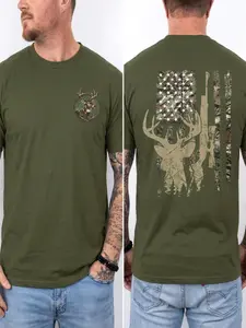 American Flag Camo Deer Hunting T Shirt - Whitetail Buck Graphic Tee, Patriotic USA Hunter Shirt, Outdoor Hunting Apparel, Gift for Men