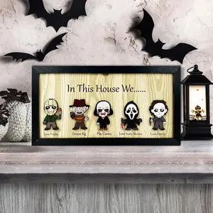 Halloween Decorations Horror Movie Scary Classic Character Wooden Wall Art Decoration in This House We Sign Wood Halloween Room Decor Scary Hanging Decorations for Halloween Party Supplies