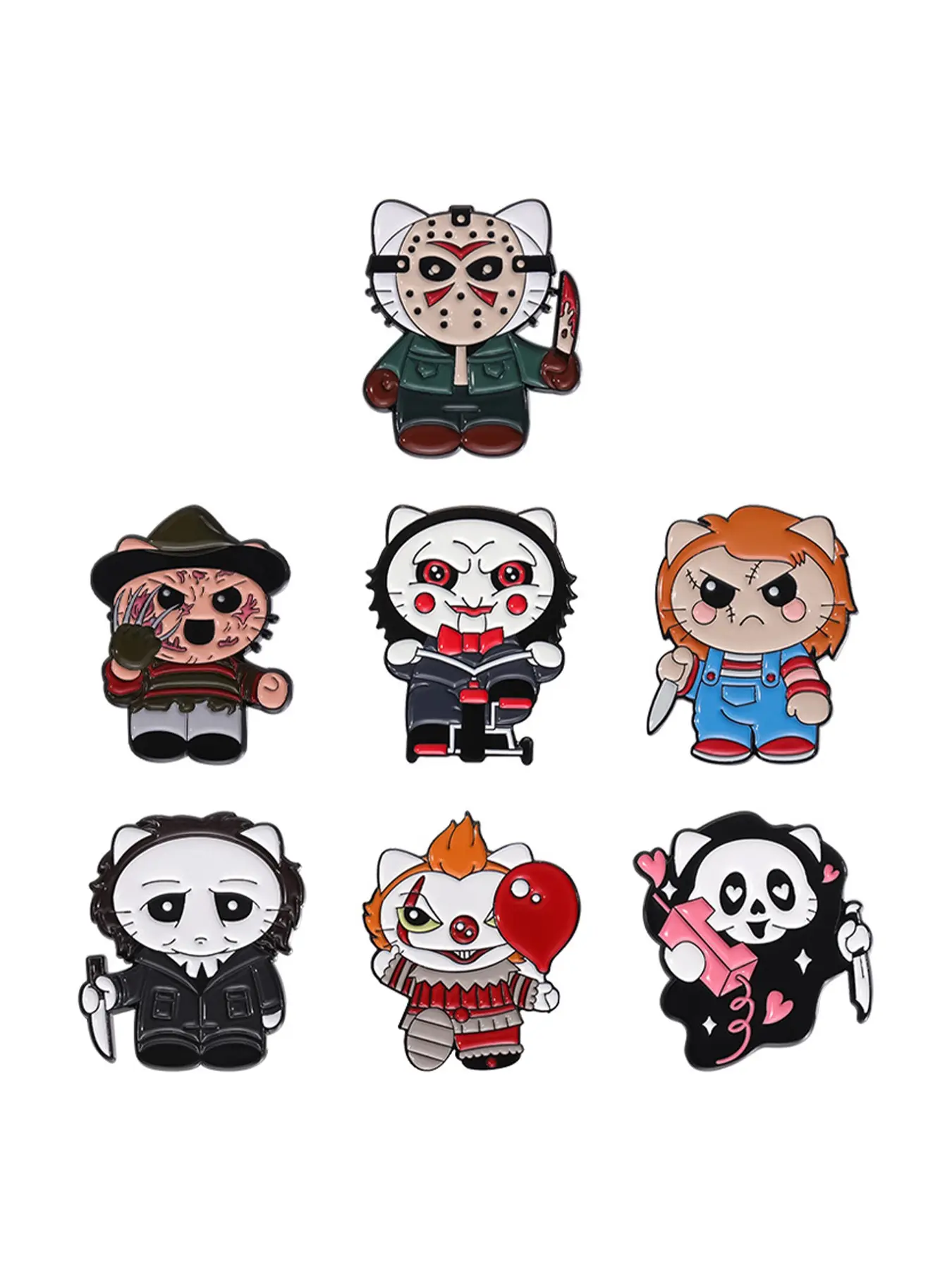 7 Piece Classic Horror Cat Costume Badge Set, Alloy Brooch Pin, Decor Pins, Collectible Pins, Dark Cute Style, Perfect for Horror Movie Fans Collection, Fun Color Block, Drop Set Pins