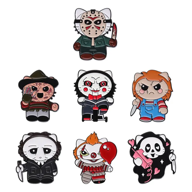 7 Piece Classic Horror Cat Costume Badge Set, Alloy Brooch Pin, Decor Pins, Collectible Pins, Dark Cute Style, Perfect for Horror Movie Fans Collection, Fun Color Block, Drop Set Pins