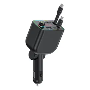 Retractable 120W Fast Car Charger for iPhone with Type C Cables,Bluetooth FM Transmitter Car Adapter Handsfree Call Audio Receiver Radio Transmitter MP3 Player LED Backlit Support USB (L4)