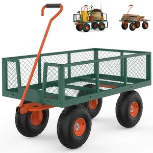 Garvee 500 Lbs Steel Garden Cart, Heavy Duty  3 in 1 Pullable Garden Wagon  Metal Yard Utility Wagon Carts with 10" All Terrain Tires for Gardening Soil, Tools, and Plant Transport