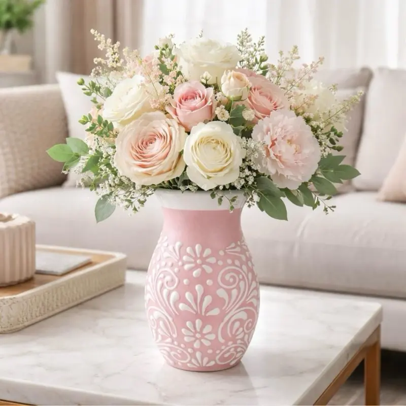 Talavera Flower Vase (Floral Design) | Pink & White