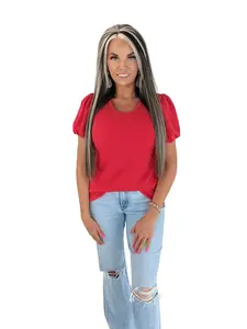 Ruby red Ribbed Puff Sleeve Top ships by