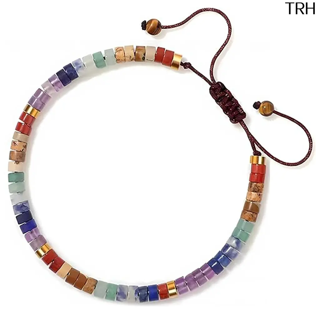 Natural Stone Disc Bead Adjustable Braided Bracelet, Chakra Healing Crystal Flat Bead Wrist Cord, Minimalist Boho Stackable Hand String Jewelry for Women Daily Yoga Vacation Outfit