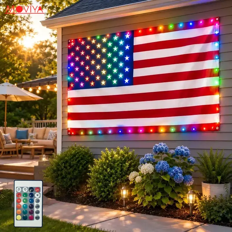 3x5 FT Lighted American Flag with 82 LEDs, Color Changing Patriotic Flag with Remote Control for Porch, Garage, Wall & Holiday Decor