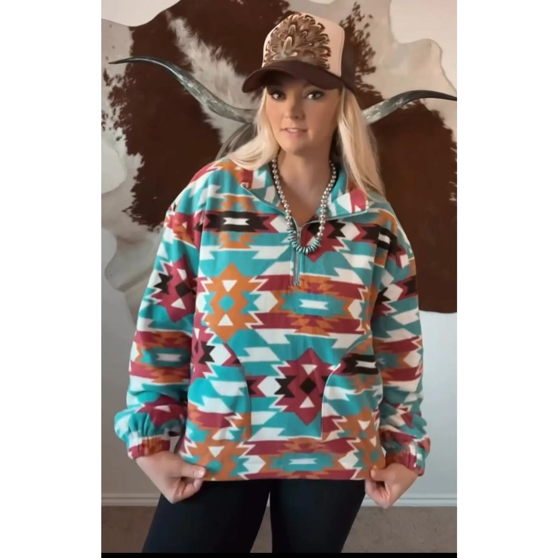 Blue B "Santa Fe" Aztec Sherpa Fleece Zip-Up Western Pullover Sweatshirt — Side Pocket with Adjustable Toggle Cords
