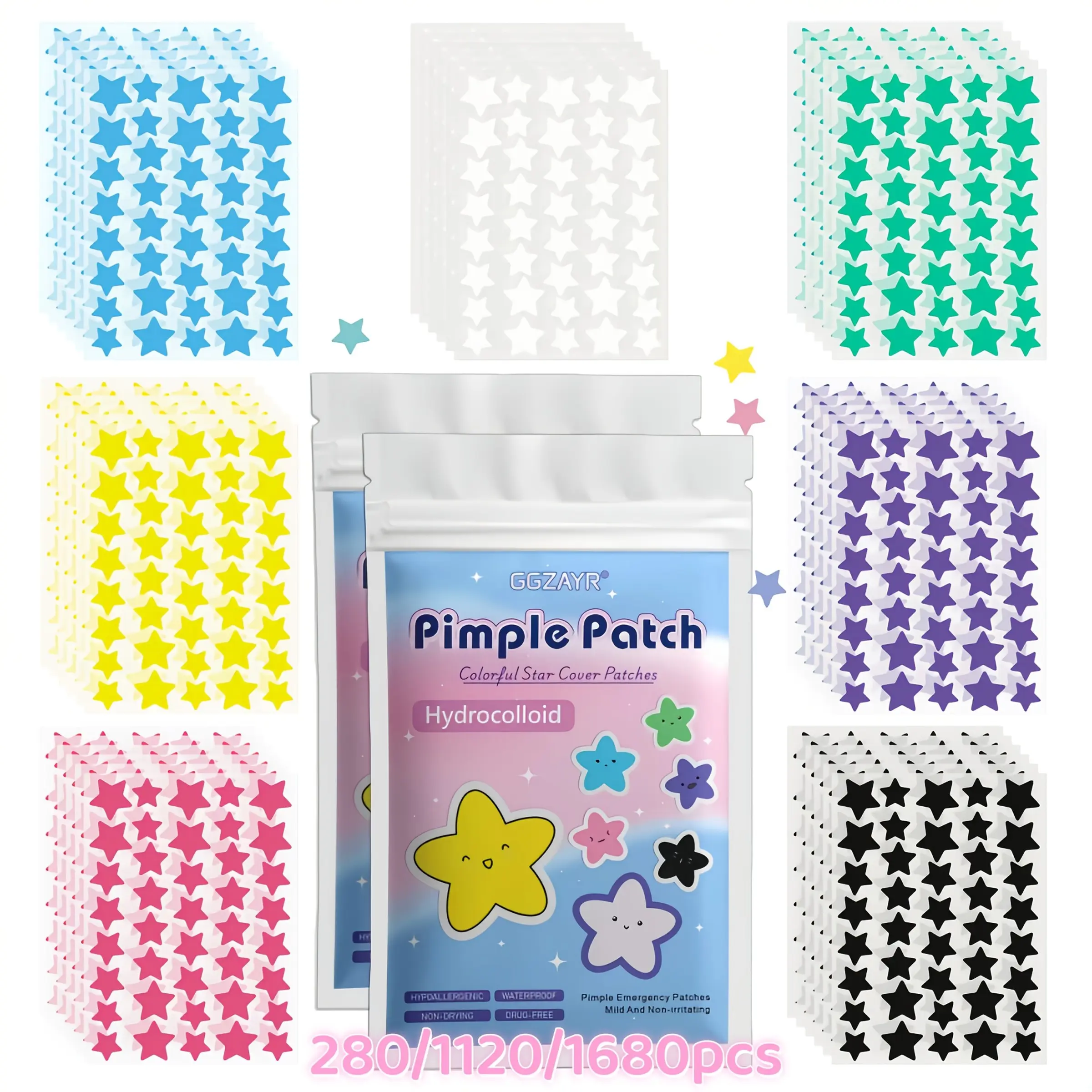 280/1120pcs Colorful Star-Shaped Pimple Patches, Blemish Patches, Acne Patches For Face, 7+ Hydrocolloid Dots for All Skin Types, Skincare Stickers for Teens & Adults, Light Beige Invisible