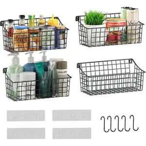 4 Pack Hanging Wall Basket for Organizing, Large Wire Basket for Storage Pantry with 5 S Hook+4 Adhesive Hook, Wall Mounted Shelf for Kitchen Bathroom