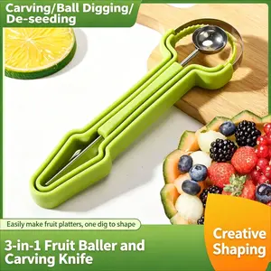 Stainless Steel Fruit Carving Tool Set, 3-in-1 Melon Ball Scoop, Fruit Baller, Carving Knife, Watermelon Seed Remover, Ice Cream Scoop, Multi-Purpose Long Handle Fruit Spoon & Slicer, Durable & Easy to Clean Kitchen Gadgets