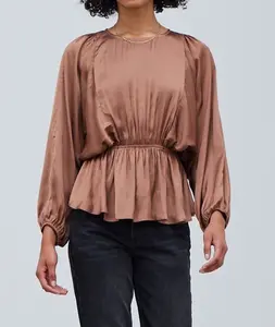 Satin Back Tied Blouse - Sugar Brown Long Sleeve Polyester Top