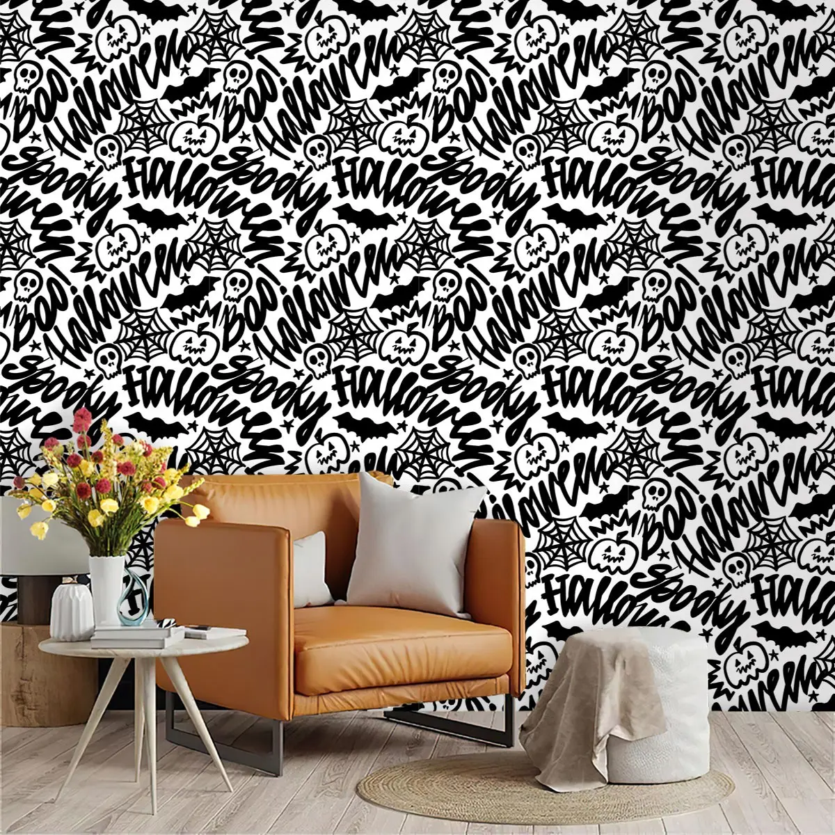 Halloween Theme Graffiti Wallpaper, PVC Material, Peel and Stick, Universal Use, Kitchen/living Room/bedroom Decor, Wall Transformation