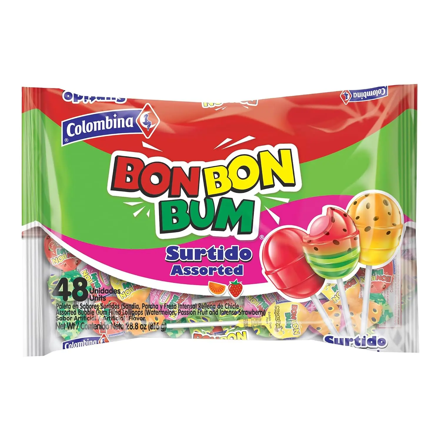 Colombina Bon Bon Bum Assorted Lollipops Fruit Hard Candy, Individually Wrapped Sweet Fruit Pops, 48 Count (Pack of 1)