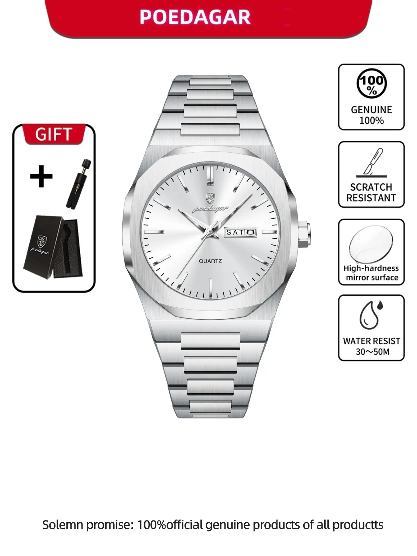 POEDAGAR Top Fashion Men's Quartz Watch Stainless Steel Date Calendar Business Men's Quartz Waterproof Night Light Luminous Waterproof Watch Luxury Men's Watch Modern Waterproof Watch Analog Watch Analog Quartz Watches Gift Preferred