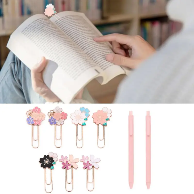 7pcs Floral Bookmarks +  2pcs Pink Pens - Decorative Page Markers for Reading & Organization - Perfect for Book Lovers & Students