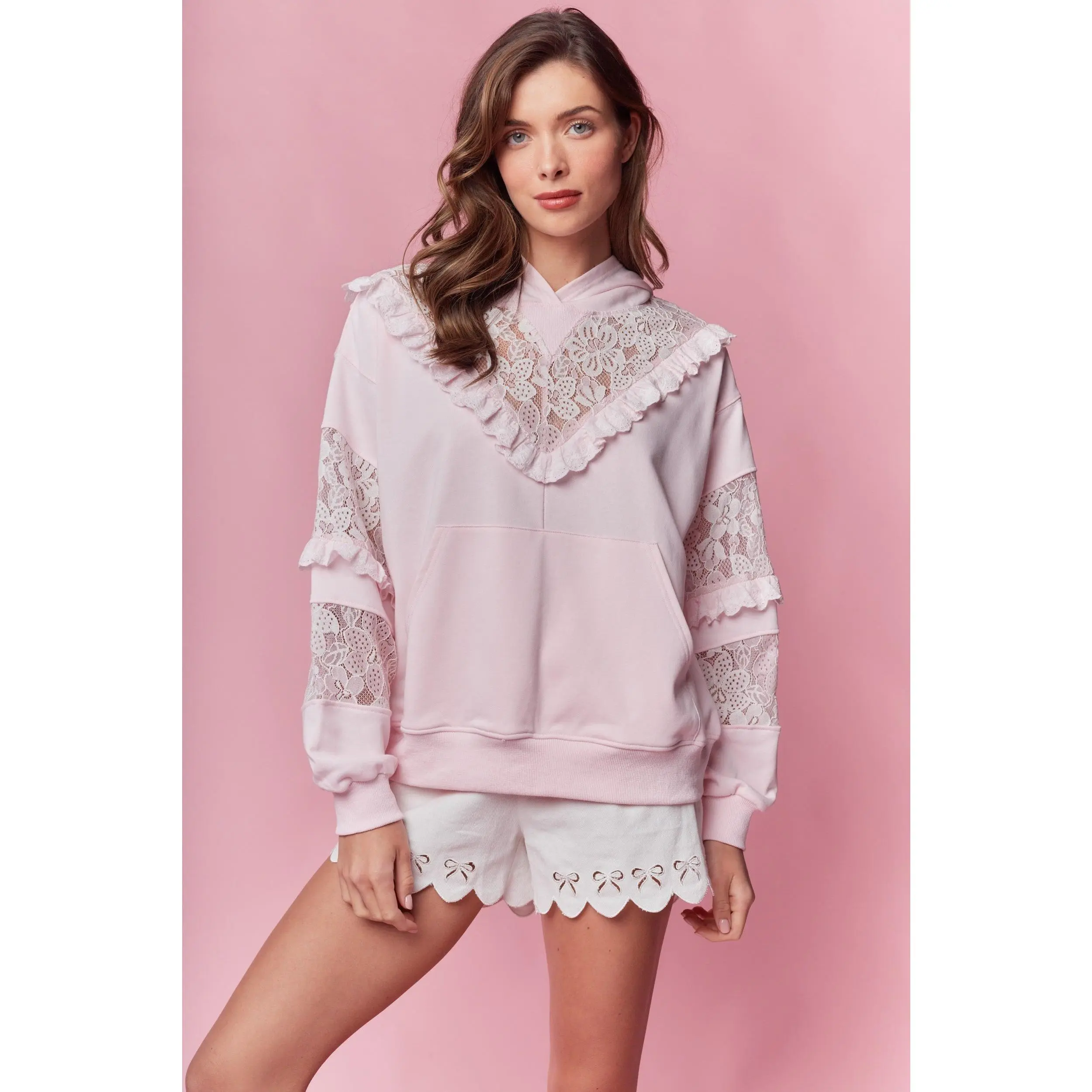 Trista Baby Pink Ruffle Lace Hoodie