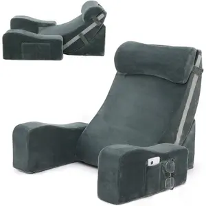 Reading Pillow with Armrests, 15–25 Inch Adjustable Back Support Pillow for Bed Sitting Up, Memory Foam Back Rest Cushion Bed Chair for Reading, Gaming & Relaxing, Dark Grey