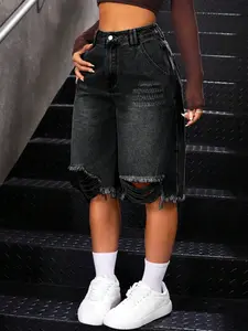 Plus Size Vintage Denim Bermuda Shorts, High Waist Frayed Edge Street Style Streetwear, Trendy Ripped Jeans for Men & Women
