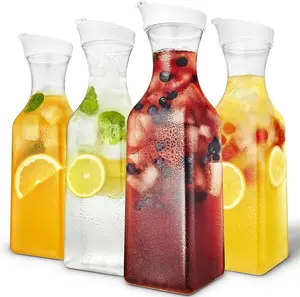 50 oz Square Carafes Plastic Juice Carafe with Lids (Set of 4) 50 oz Carafes for Mimosa Bar, Drink Pitcher with Lid, Water Bottle, Milk Container, Clear Beverage Containers for Fridge
