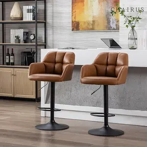 CHAIRUS  PU Leather Swivel Bar Stools Set of 2 ,Modern Adjustable  Bar Stools with Stable Metal Frame Padded Island Chairs with Back and Footrest,Height Bar Chairs with Armrest for Kitchen Island,Bistro,Pub,Dining Room, Brown