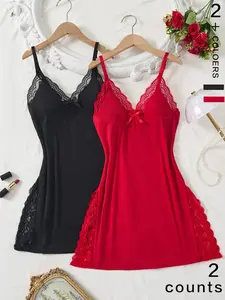 2 Piece Lace Trimmed Bow Decorative Romantic Side Slit Strapless Nightgown, Elegant Sleepwear Loungewear for Women, Comfortable and Stylish