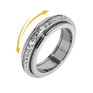 Women's Anxiety Relief Ring Titanium Steel Rotating Fingertip Ring Inlaid with Cubic Zirconia Relieves Anxiety Wedding Promise Lucky Ring Comfortable to Wear Holiday Gift for Mom, Friends, or Besties