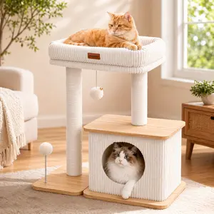 [On Sale] purrlato Premium Modern Wooden Cat Tree Tower, Cozy Condo Hideout, Full-Wrap Scratching Posts & Interactive Toy for Indoor Cats，Apartment-Friendly Cat Furniture with Plush Perch, Cat House & Scratcher #Monther's Day Gift，