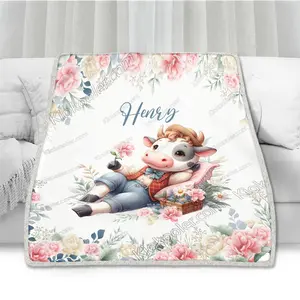 Custom Flower Cow Name Blanket Throw Personalized Baby Blanket with Name for Boys Animals Customized Baby Gifts, Fleece Blanket, Sherpa Blanket, Flower Decor, Baby Cow Blanket
