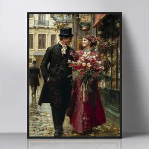 Art Print Museum Quality Paper Wall Decor Unframed Vintage Couple Romantic Art Victorian Style Elegant Couple Love Painting Paris Street Scene Floral Bouquet Wall Art Wedding Gift Idea Romantic Decor Old World Charm Couple Portrait Vintage Style