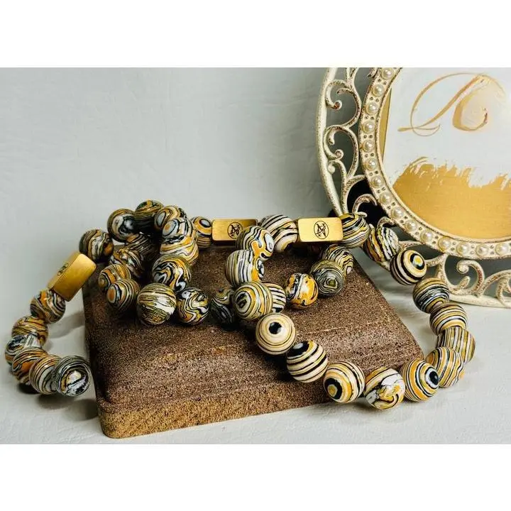 Robin Dawkins "Bengal Tiger" Semi-Precious Stone Bracelet - 12mm Yellow Malachite Beads & Logo Bar on Stretchy Cord - 7.75 Inches