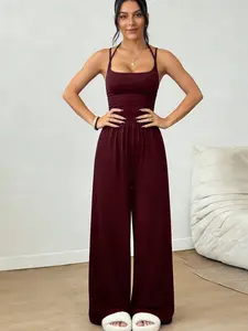 Women's Summer Solid Halter Top Tank Romper, Ruched Waist Loose Fit Homewear, Sporty Style Sleeveless Jumpsuit, Casual Loungewear Womenswear