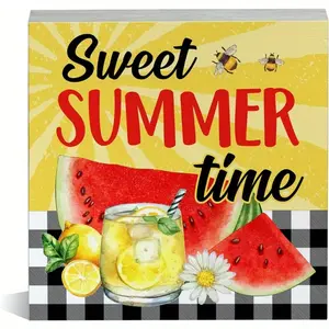Sweet Summer Time Watermelon Wood Block Sign Farmhouse Summer Watermelon Decorative Desk Sign Home Kitchen Shelf Tabletop Decor 5 X 5 Inches