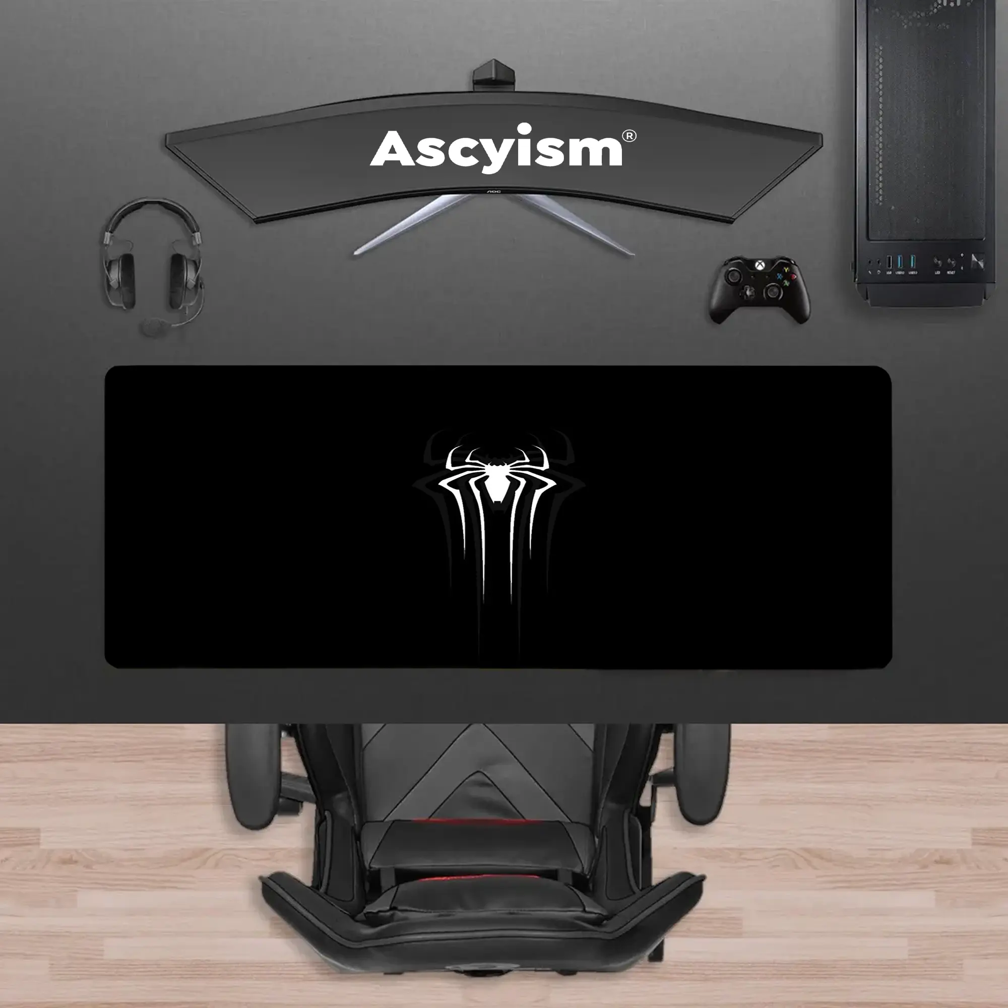 White Spider Emblem Gaming Mouse Pad, Minimalist Web Hero Extended Desk Mat, Large Keyboard Pad, Waterproof Non-Slip Rubber Base Mousepad for PC Gamer Setup, Gaming Room Accessories and Desktop Decor, 40x20 Inch