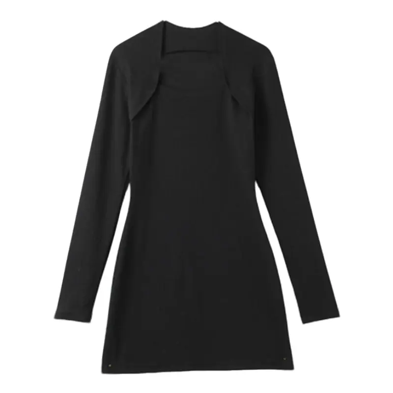 Women's Minimalist Casual Long-Sleeve Pullover Dress 2025 Autumn Winter, Square Neck, High Waist, Black Cotton-Spandex Knitted Fabric, Slim Fit, Elegant Casual Wear Style, Longsleeves, Ribbed, Piece, Solid, Short, Regular Sleeve, Elastane, Skirt