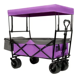 Collapsible Folding Wagon with Canopy & Mosquito Net – Strong Utility Carts, 45.28x22.83x38.78in, 480LBS Capacity, 7in All-Terrain Wheels, Lightweight, Adjustable Handle, Cup Holders for Camping, Shopping